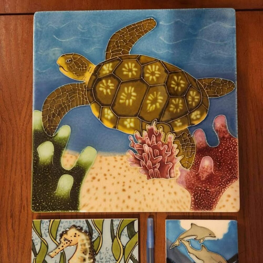 3 Decorative Ceramic Tiles 12" Sea Turtle , 6" Seahorse & 4" Dolphins